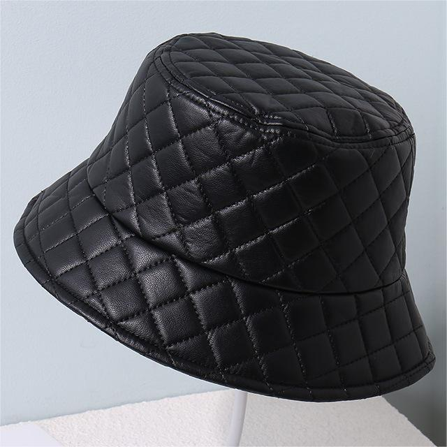  Leather Plaid Bucket Hat Female Warm Lady Joker Sun Hat Show Face Small Bucket Cap