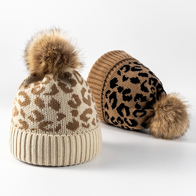 Leopard Print Curled Fur Ball Knitted Hat Outdoor Warm Autumn and Winter Woolen Beanie With Pom Pom