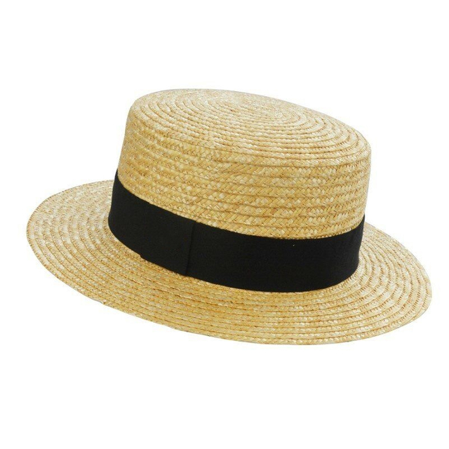 Summer Boater Shape Unisex Women Men UV Sun Shade Beach Straw Hat With Black Ribbon