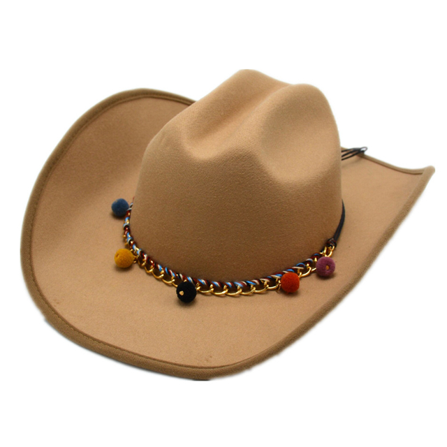 Flat Top Cowboy Hat Women Tassels Party Hat Wide Brim Felt Western Cowboy Hat