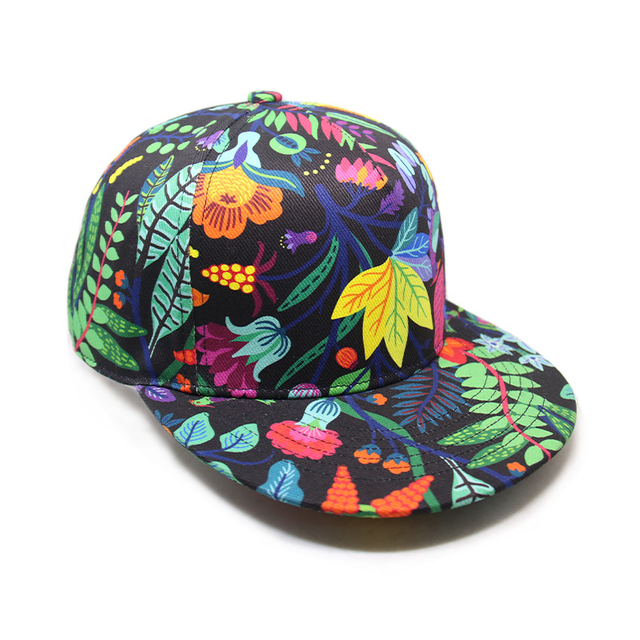 Sublimation Printing Pure Cotton Flat Bill Brim Cap,Custom Logo Floral Sports Snapback Cap Hat