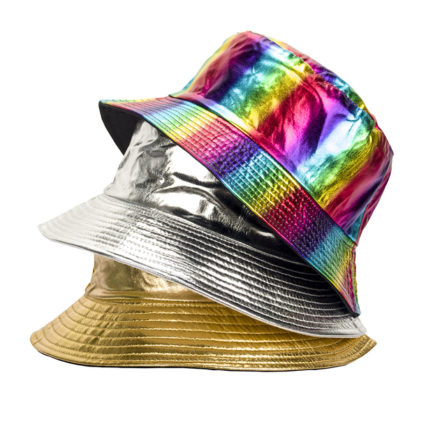  Custom Gold Silver Shiny Reversible Bucket Hat Fashion Unisex Folding Outdoor Sun Protection Hats