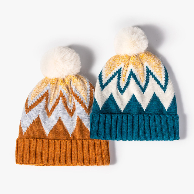 Fashion Wool Ball Knitted Hat for Women Warm Thick Rabbit Fur Brimless Cold Hat Striped Jacquard Wool Hats